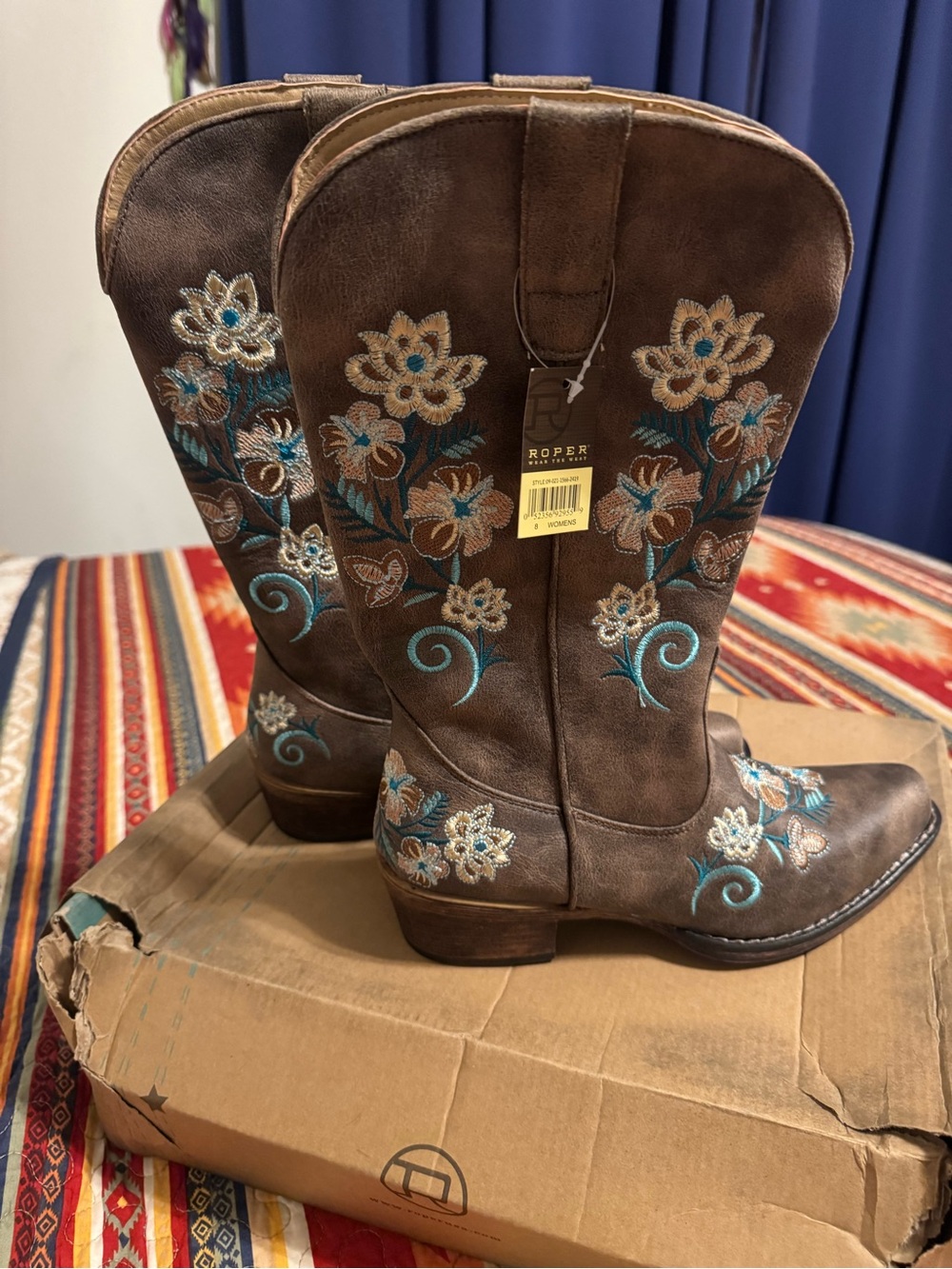 Roper Brown Western Boots with Blue and Cream Floral Embroidery